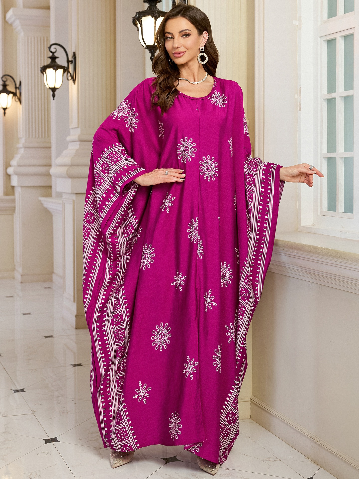 Geometric Pattern Kaftan Maxi Dress with Long Batwing Sleeves for Beach Cover Up